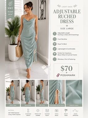 Light Sage Adjustable Ruched Cowl Neck Maxi Dress